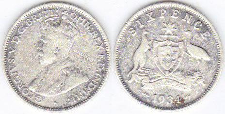 1934 Australia silver Sixpence A001192